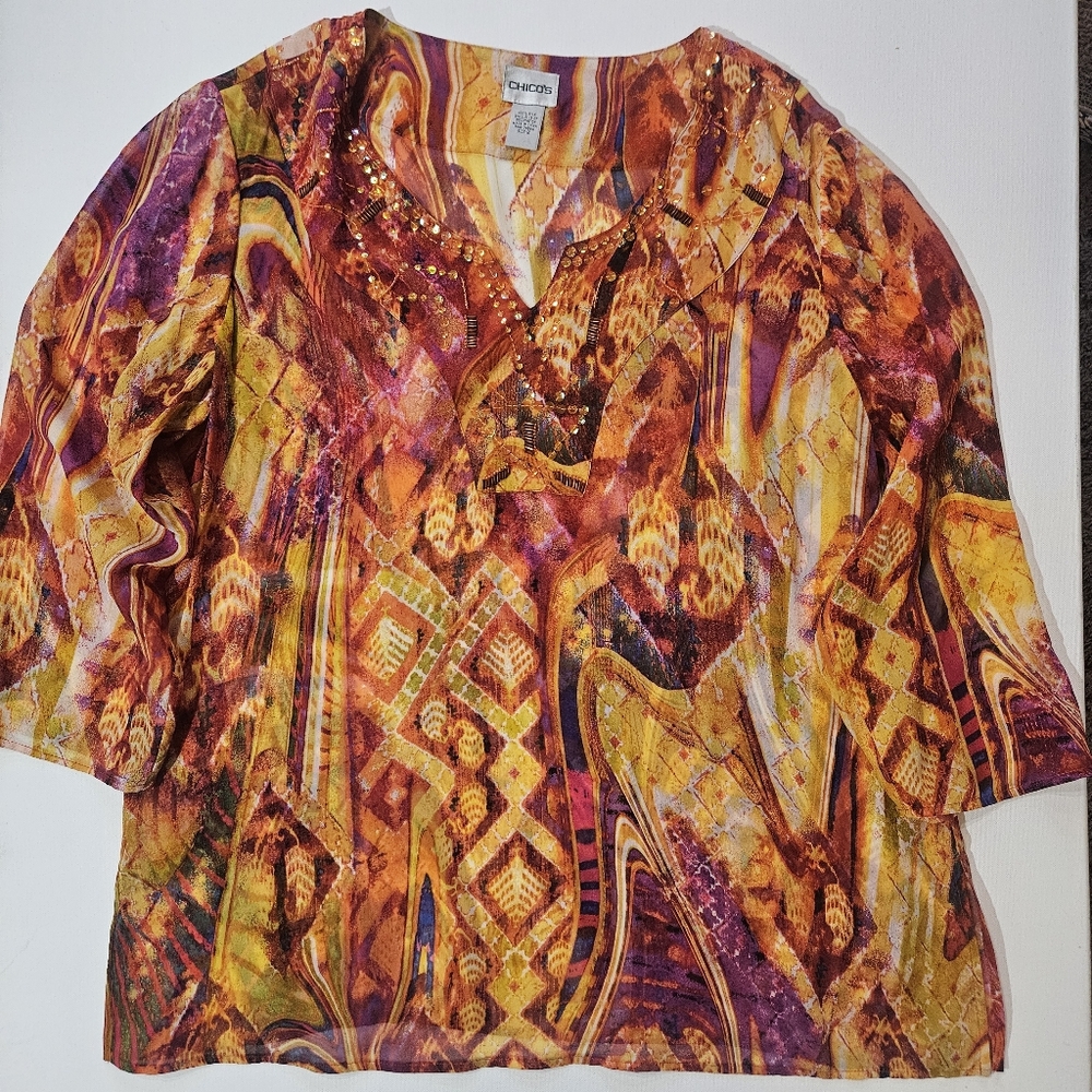 Chicos Silk Tunic Top‎ Womens Large Orange Purple Abstract 3/4 Sleeve